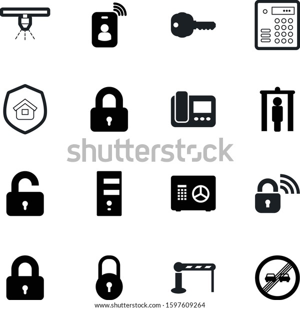 security vector icon set such as: shower, door,\
camera, drop, dial, driving, intercom, card, finance, digital, tag,\
zone, roadblock, x-ray, detector, number, video, box, railroad,\
gate, transport