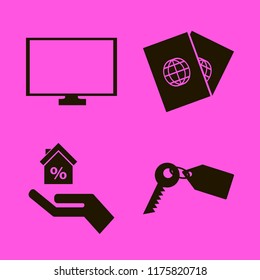 security vector icons set. with passports, hand house, monitor and key tag in set