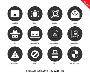 Security vector icons set. Safe internet concepr. Safety and protection items, danger, bug, spam, spy, warning, ban, lock, protection. Isolated on white background