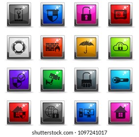 security vector icons in square colored buttons for web and user interface design