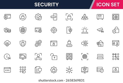 Security vector line icons featuring locks, shields, keys, cameras, alarms, passwords, guards, access control, protection, and surveillance technology symbols.