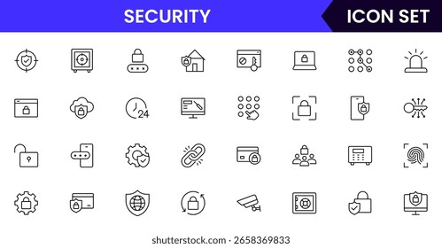 Security vector line icons featuring locks, shields, keys, cameras, alarms, passwords, guards, access control, protection, and surveillance technology symbols.