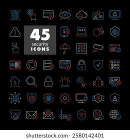 Security vector on dark background icon set. Cyber lock, password, unlock. Guard, shield, home security system icons. Eye access, electronic check, firewall. Internet protection, laptop password