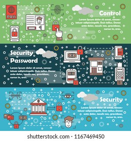 Security vector web banner template set. Control, Security password, Security concept thin line art flat style design elements.