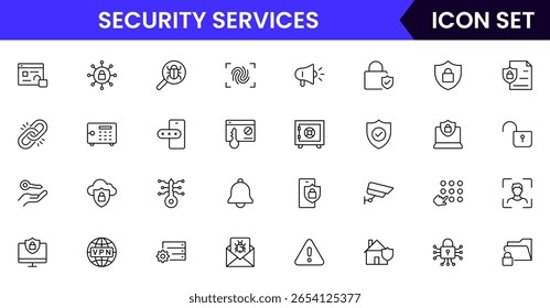 Security vector web line icon collection, sleek illustrations of locks, shields, cameras, cybersecurity for safe, protected digital designs.