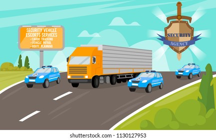 Security Vehicle Escort Services. Safety and Security Company. Work of Security Agency. Services for Security of Objects. Escort Cars on Road. Ensuring the Safety of movement. Vector Illustration.