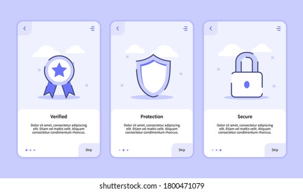 Protección de seguridad verificada pantalla segura de embarque para la plantilla de aplicaciones móviles banner page UI con tres variaciones estilo de contorno plano moderno.