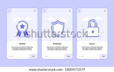 Security verified protection secure onboarding screen for mobile apps template banner page UI with three variations modern flat outline style.