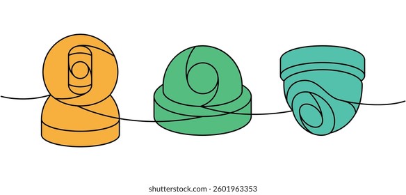 Security video cameras one line colored continuous drawing. External home security system. Vector illustration.