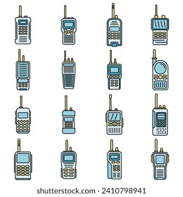 Security walkie talkie icons set. Outline set of security walkie talkie vector icons thin line color flat on white