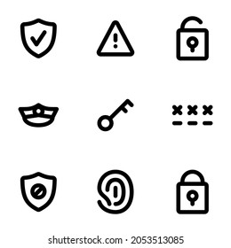 Defensa del sensor de contraseña de advertencia de seguridad e iconos más básicos y minimalistas. Diseño de iconos para la web.