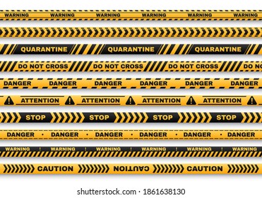 Security warning vector tapes, accident or murder place fencing with typography Quarantine, Caution, Do not cross, Stop, Danger for web, police, detective or criminal and law forbidden territory pass