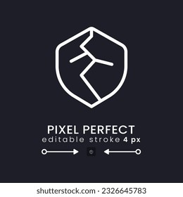 Security weaknesses white linear desktop icon on black. System vulnerability. Data damage. Pixel perfect 128x128, outline 4px. Isolated user interface symbol for dark theme. Editable stroke