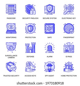 Security web flat line icons set. Pack outline pictogram of secure system, monitoring, protection, camera surveillance, safety concept. Vector illustration of symbols for website mobile app design