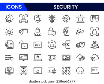 Security web icons in line style. Guard, cyber security, password, smart home, safety, data protection, key, shield, lock, unlock, eye access. Vector illustration.