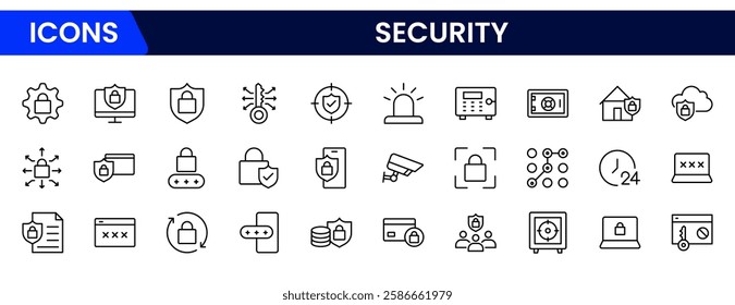 Security web icons in line style. Guard, cyber security, password, smart home, safety, data protection, key, shield, lock, unlock, eye access. Vector illustration.