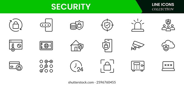 Security web icons in line style. Guard, cyber security, password, smart home, safety, data protection, key, shield, lock, unlock, eye access. Vector illustration.