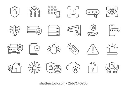 Security web icons in line style. Guard, cyber security, password, smart home, safety, data protection, key, shield, lock, unlock, eye access. Vector illustration.
