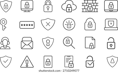 Iconos web de seguridad en estilo de línea e iconos de línea mínimos Paquete de seguridad cibernética	