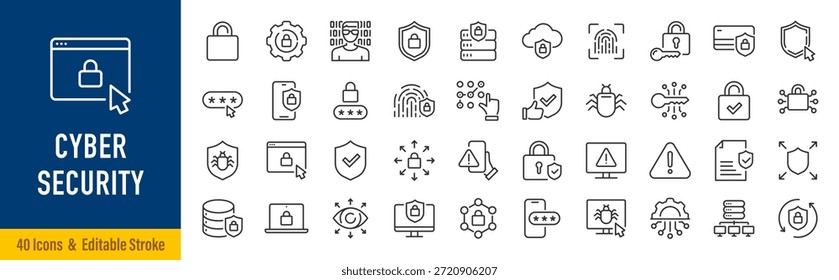 Security web icons in line style. Guard, cyber security, password, smart home, safety, data protection, key, shield, lock, unlock, eye access. Editable stroke. Vector illustration.