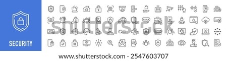 Security web icons in line style. Guard, cyber security, password, smart home, safety, data protection, key, shield, lock, unlock, eye access. Vector illustration.