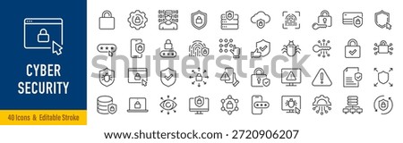 Security web icons in line style. Guard, cyber security, password, smart home, safety, data protection, key, shield, lock, unlock, eye access. Editable stroke. Vector illustration.