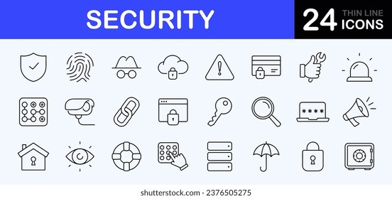 Security web icons set. Cyber security - simple thin line icons collection. Containing cyber lock, password, fingerprint, electronic key, unlock, data protection, cybersecurity. Simple web icons set