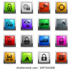 security web icons in square colored buttons for user interface design