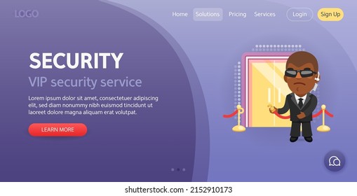 Security Website Template. Illustration Of A Cartoon Bouncer Invites To Enter The Nightclub On The Red Carpet. Composition With A Professional. Flat Male Character.