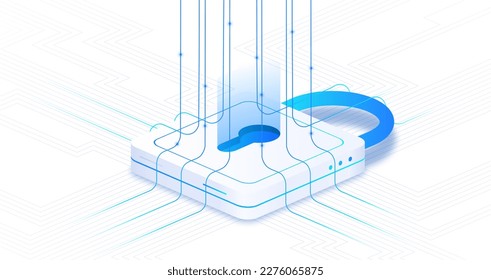 Security white banner. Large lock, storage of information and personal data. Protection against viruses and hacker attacks. Landing page design. Cartoon isometric vector illustration