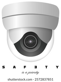 Security. White dome surveillance camera with modern design and text emphasizing safety as a priority. Monitoring, protection, safety systems, video surveillance, advanced security technology