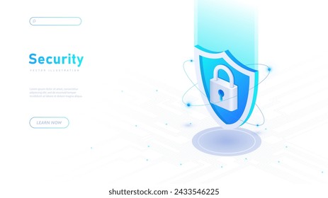 Security white poster. Blue shield wth padlock. Safety of personal data. Prevention of hackers attacks. Protection of information. Landing webpage design. Neon isometric vector illustration