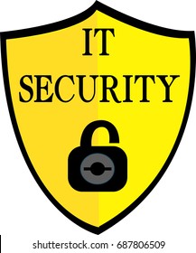 IT security word text logo Illustration. Internet security shield and open padlock concept isolated flat vector. Transparent.