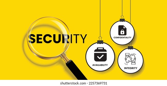 Security word under magnifying glass with icons of basic principles of security they are availability, confidentiality, integrity.  