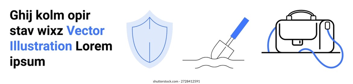Segurança, ferramentas de trabalho, educação, viagens, proteção, itens pessoais. um escudo, uma pá em uso e uma mochila. Ferramentas de segurança e trabalho ilustradas com elementos vetoriais limpos para uso conceitual