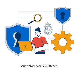 IT security workflow 2D illustration concept. Digital protection loop. Identity access. Cybersecurity provider analyst holding laptop cartoon character isolated on white. Flat abstract vector metaphor