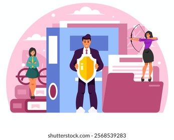 Security of working documents. Businesswoman stands with arms crossed on chest. Businessman holding protective shield in your hands. Personal data security. Woman shooting from a bow