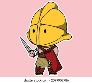 Secutor Gladiator Roman Ancient Arena Fighter Standing with Weapon Cartoon