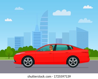 Auto de Sedan con un hombre afroamericano conduciendo sobre un fondo de paisaje urbano abstracto. Ilustración vectorial de estilo plano.