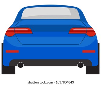 Vista posterior del coche de Sedan. Automóvil azul al estilo de las caricaturas.