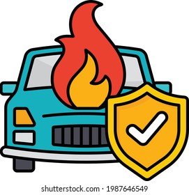 Sedan Car is Being Caught by Fire Vector Color Icon Design, Financial loss Protection Symbol, Risk management Sign, Collateral protection insurance concept, automobile front view with Shield stock