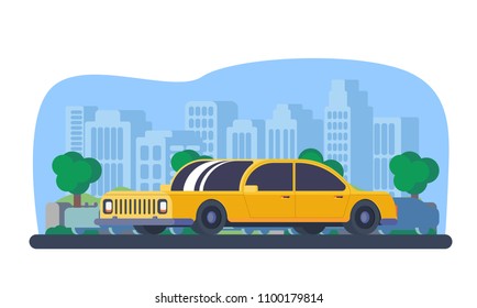 Sedan car with city background. Vector illustration.