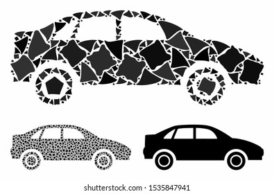 Sedan car composition of tremulant items in various sizes and shades, based on sedan car icon. Vector bumpy items are grouped into collage. Sedan car icons collage with dotted pattern.