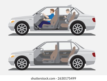 sedan car cutaway side open view  with driver and passenger and empty inside