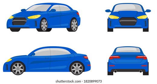 Sedan car in different views. Blue automobile in cartoon style.