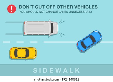 Sedan car driver cuts off a van car on a highway. Don't cut off other vehicles warning. Traffic or road rules. Top view. Changing lanes while driving a car. Flat vector illustration template.