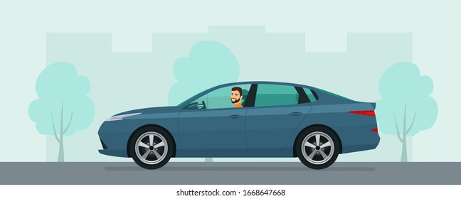 Sedan car with a driver man on a background of abstract cityscape. Vector flat style illustration.