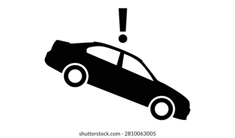 Sedan car with exclamation mark above black silhouette automobile vehicle
