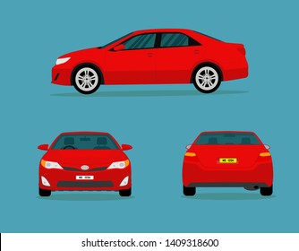 Sedan car flat vector illustration. Front, side, and back view.