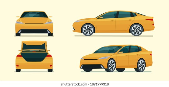 Sedan Car Four Angle Set. Car Side, Back And Front View. Vector Flat Illustration.